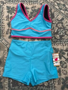 Girls ladies dance convention set ohlala aqua blue hot Pink Trim AS